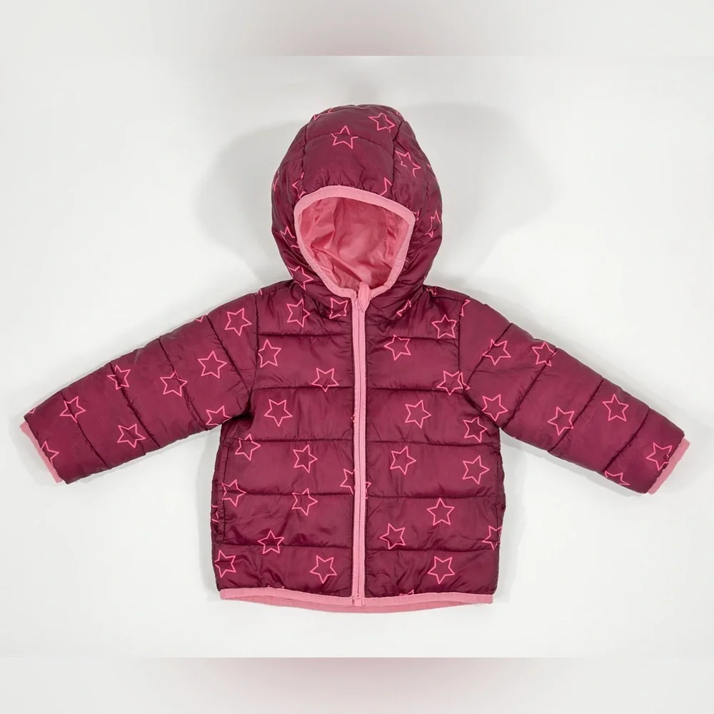 Okie Dokie Girl 18mos Jacket Pink Stars Celestial Quilted Reversible Hood Puffer